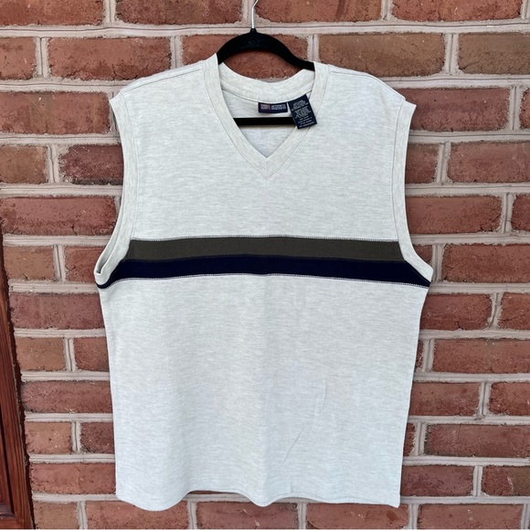 Men’s V-neck sweater vest. beige with navy and brown stripe. Size L - Picture 1 of 5
